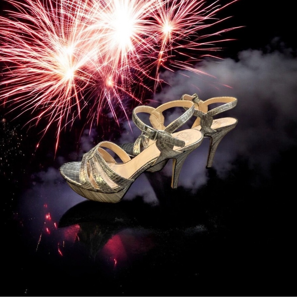 Vince Camuto Shimmering Gold Strappy Heels - Picture 2 of 16